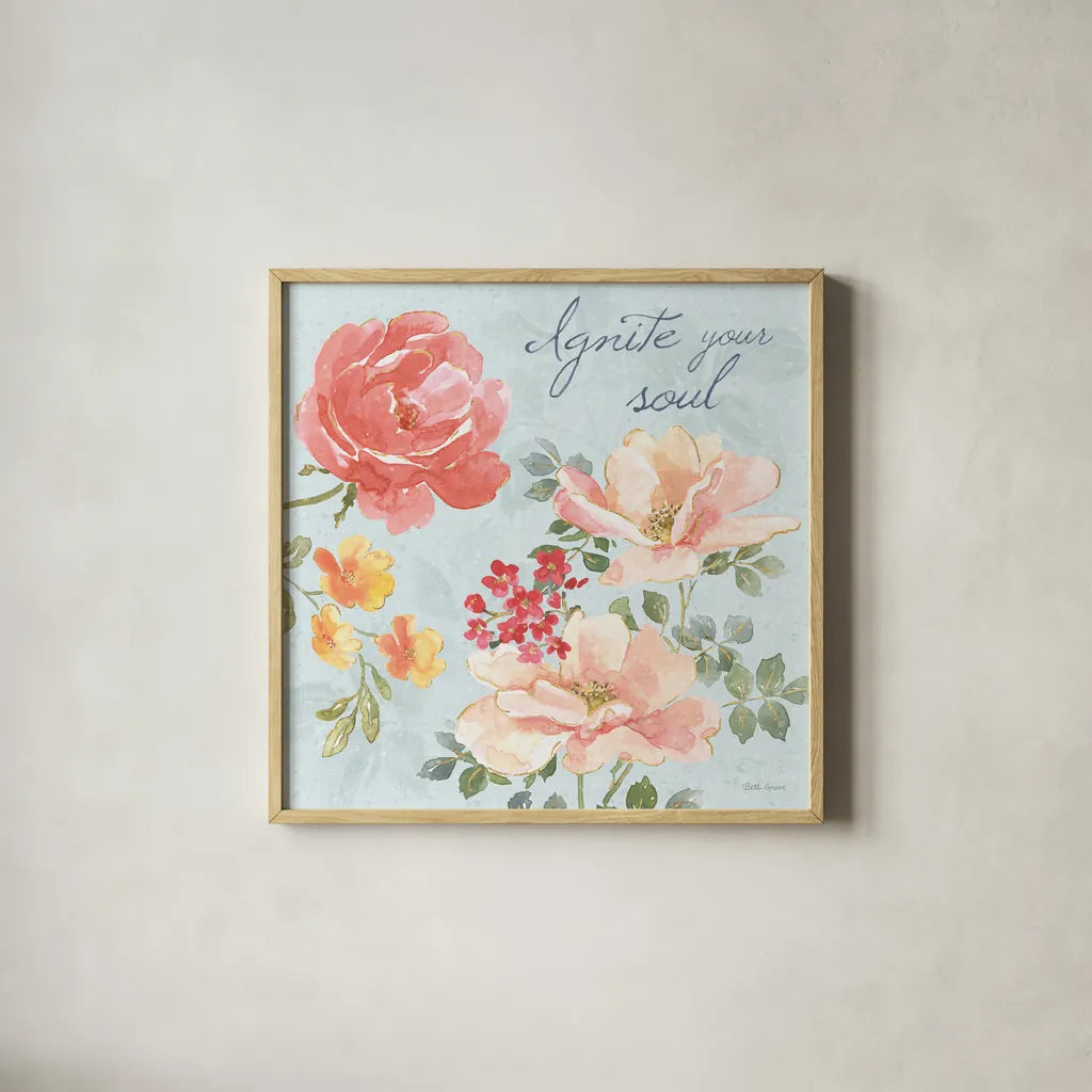 Floral Focus III Blue by Beth Grove. Shown in a natural wood glass frame for a timeless modern aesthetic. Available as an archival giclee rolled canvas, fine art paper, or poster print. SKU 62333a.