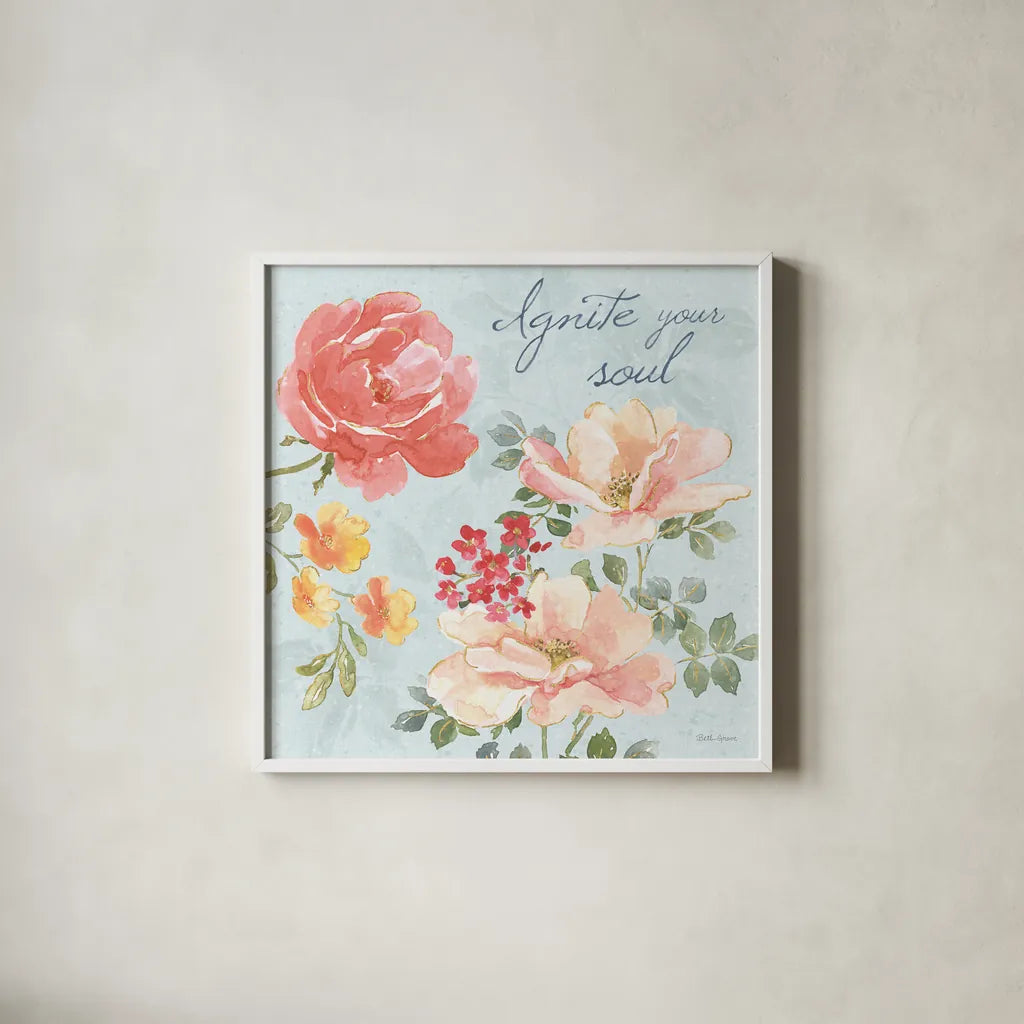 Floral Focus III Blue by Beth Grove. Shown in a crisp white glass frame for a clean and minimalist style. Available as an archival giclee rolled canvas, fine art paper, or poster print. SKU 62333a.