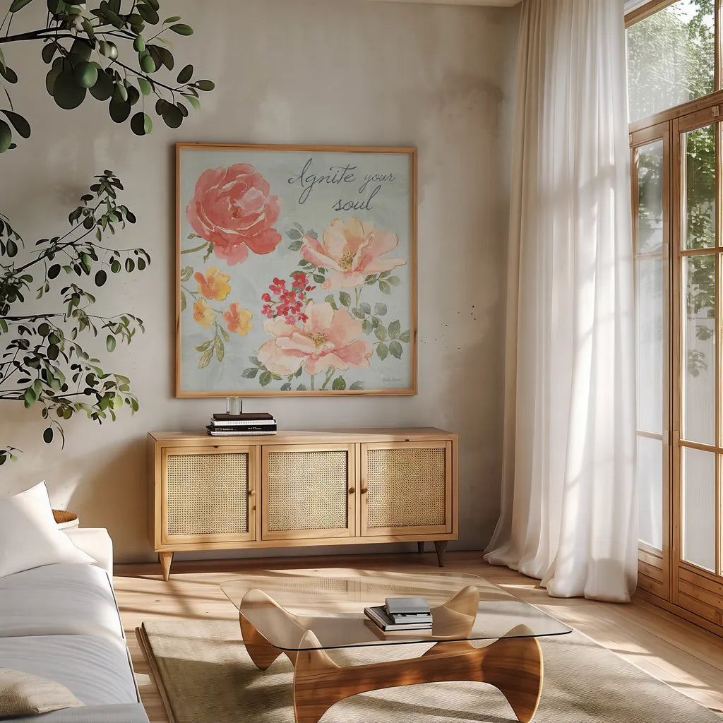 Floral Focus III Blue by Beth Grove. Shown in a natural wood frame in a cozy modern living room. Available as an archival giclee rolled canvas, fine art paper, or poster print. SKU 62333a.