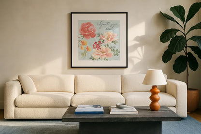 Floral Focus III Blue by Beth Grove. Displayed in a glass frame with matte in a clean modern living room. Available as an archival giclee rolled canvas, fine art paper, or poster print. SKU 62333a.