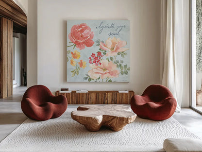 Floral Focus III Blue by Beth Grove. Shown as extra-large giant wall art in a modern living room. Available as an archival giclee rolled canvas, fine art paper, or poster print. SKU 62333a.