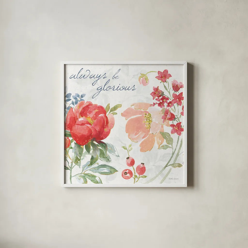 Floral Focus IV by Beth Grove. Shown in a crisp white glass frame for a clean and minimalist style. Available as an archival giclee rolled canvas, fine art paper, or poster print. SKU 62325a.