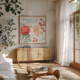 Floral Focus IV by Beth Grove. Shown in a natural wood frame in a cozy modern living room. Available as an archival giclee rolled canvas, fine art paper, or poster print. SKU 62325a.