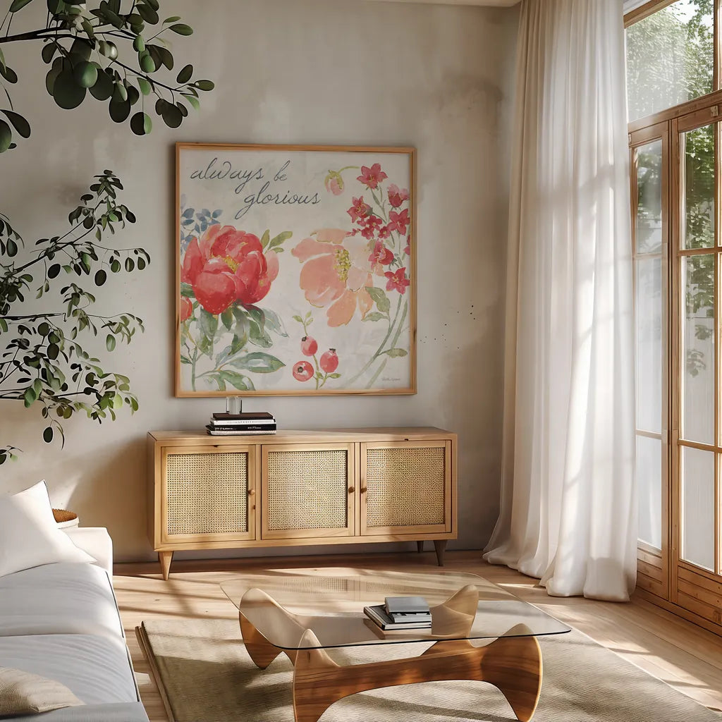 Floral Focus IV by Beth Grove. Shown in a natural wood frame in a cozy modern living room. Available as an archival giclee rolled canvas, fine art paper, or poster print. SKU 62325a.