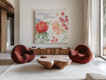 Floral Focus IV by Beth Grove. Shown as extra-large giant wall art in a modern living room. Available as an archival giclee rolled canvas, fine art paper, or poster print. SKU 62325a.