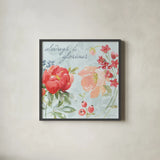 Floral Focus IV Blue by Beth Grove. Shown in a sleek black glass frame for a contemporary gallery look. Available as an archival giclee rolled canvas, fine art paper, or poster print. SKU 62334a.