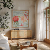 Floral Focus IV Blue by Beth Grove. Shown in a natural wood frame in a cozy modern living room. Available as an archival giclee rolled canvas, fine art paper, or poster print. SKU 62334a.