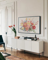 Floral Focus V by Beth Grove. shown as a framed stretched canvas in a living room above a console. Available as a archival giclee rolled canvas, fine art paper, or poster print. SKU 62326i.