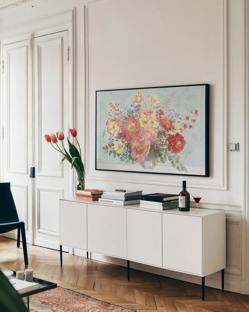 Floral Focus V Blue by Beth Grove. shown as a framed stretched canvas in a living room above a console. Available as a archival giclee rolled canvas, fine art paper, or poster print. SKU 62335i.