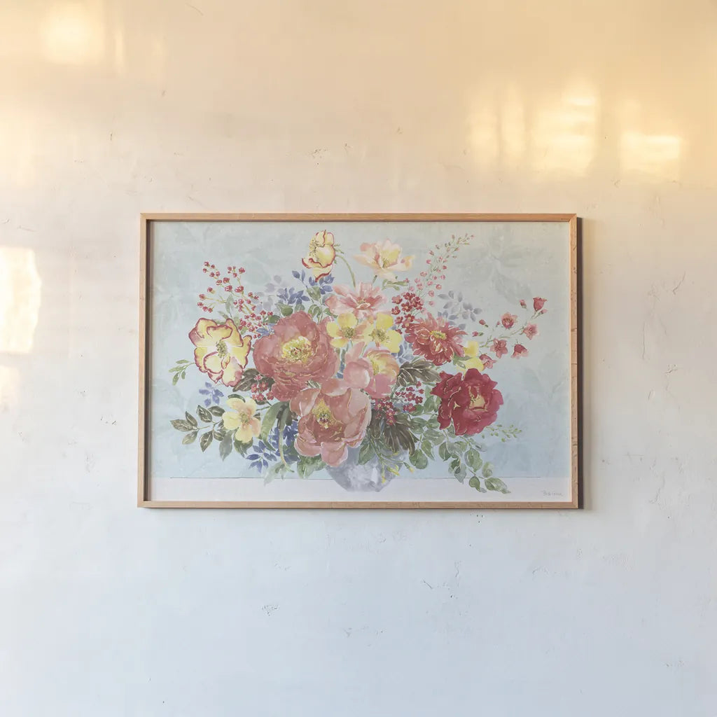 Floral Focus V Blue by Beth Grove. shown as a paper print in a natural frame. Available as a archival giclee rolled canvas, fine art paper, or poster print. SKU 62335i.