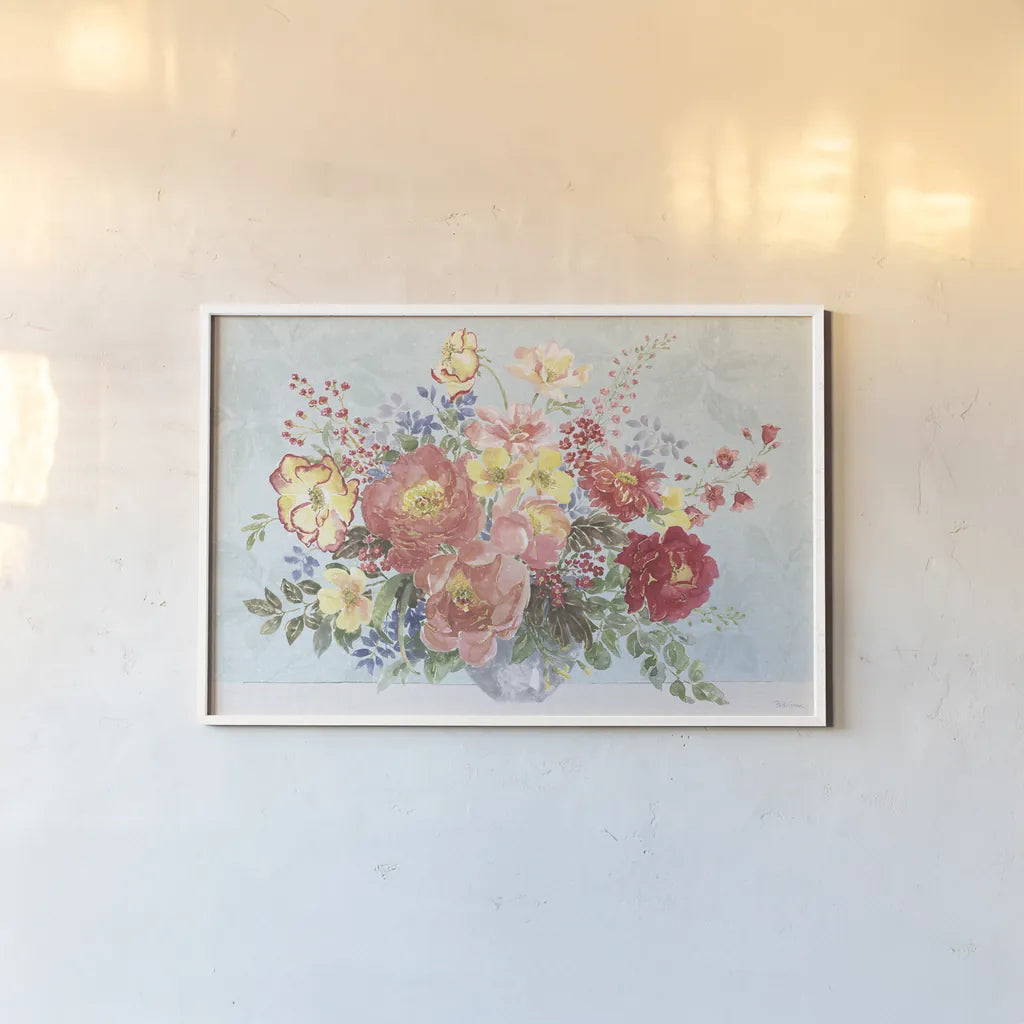 Floral Focus V Blue by Beth Grove. shown as a paper print in a white frame. Available as a archival giclee rolled canvas, fine art paper, or poster print. SKU 62335i.