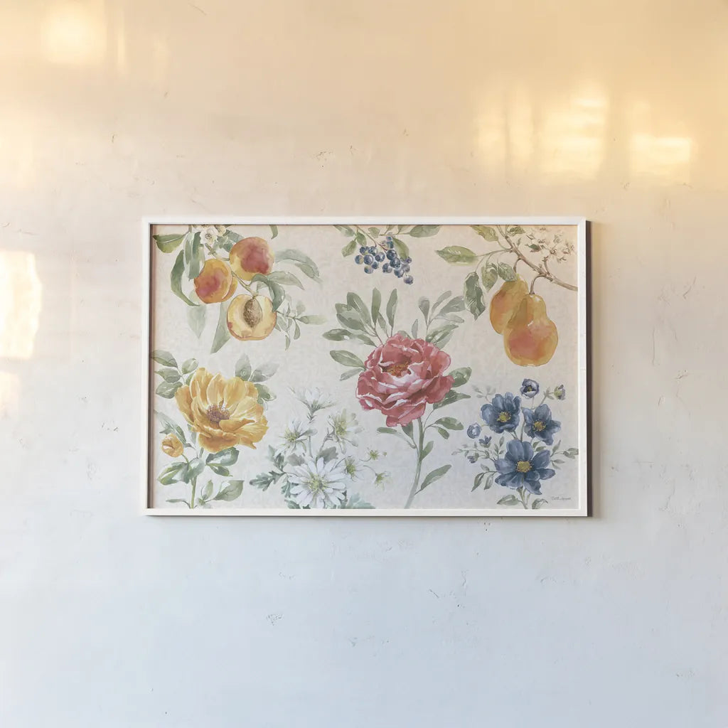 Floral Solitude I by Beth Grove. shown as a paper print in a white frame. Available as a archival giclee rolled canvas, fine art paper, or poster print. SKU 67777i.