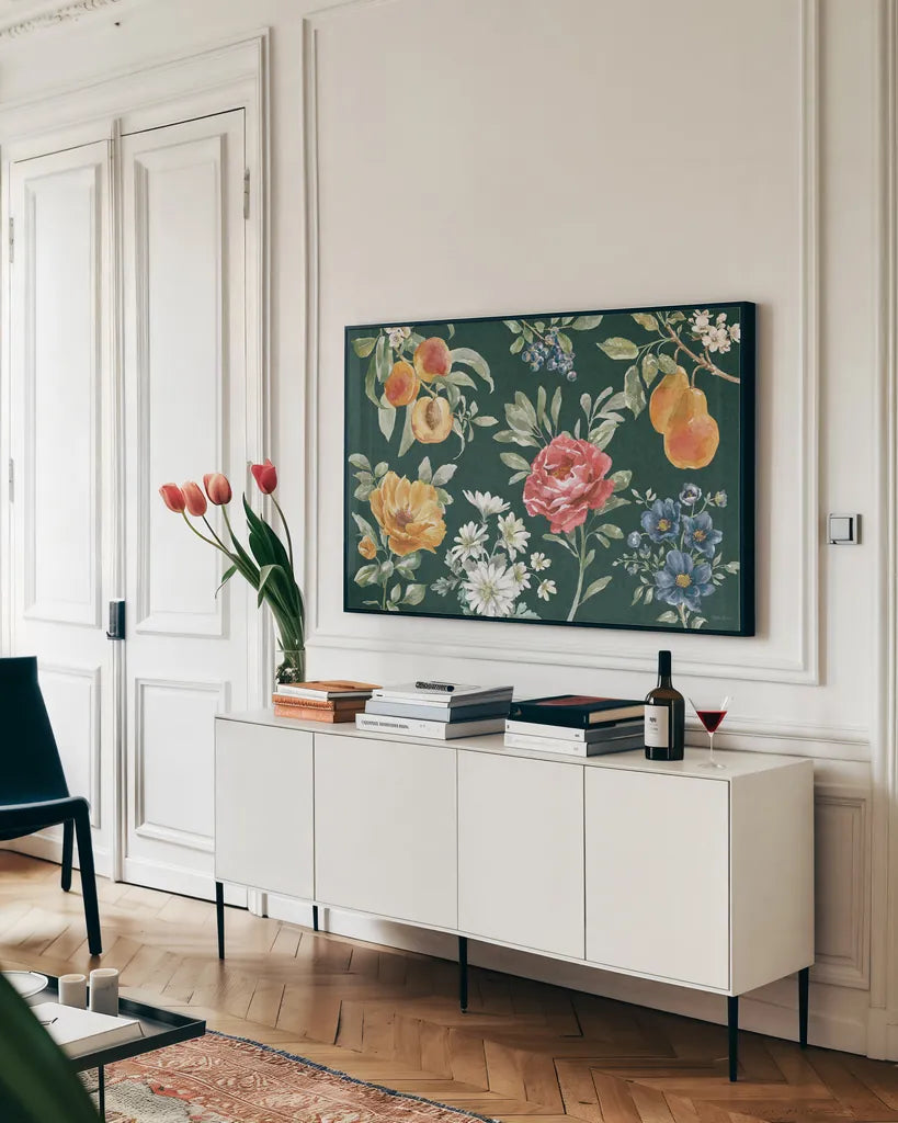Floral Solitude I Dark by Beth Grove. shown as a framed stretched canvas in a living room above a console. Available as a archival giclee rolled canvas, fine art paper, or poster print. SKU 67790i.