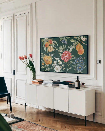 Floral Solitude I Dark by Beth Grove. shown as a framed stretched canvas in a living room above a console. Available as a archival giclee rolled canvas, fine art paper, or poster print. SKU 67790i.