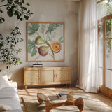 Floral Solitude IX by Beth Grove. Shown in a natural wood frame in a cozy modern living room. Available as an archival giclee rolled canvas, fine art paper, or poster print. SKU 67785a.