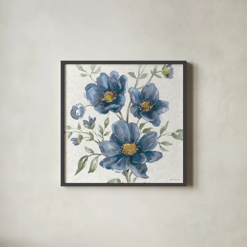 Floral Solitude VIII by Beth Grove. Shown in a sleek black glass frame for a contemporary gallery look. Available as an archival giclee rolled canvas, fine art paper, or poster print. SKU 67784a.
