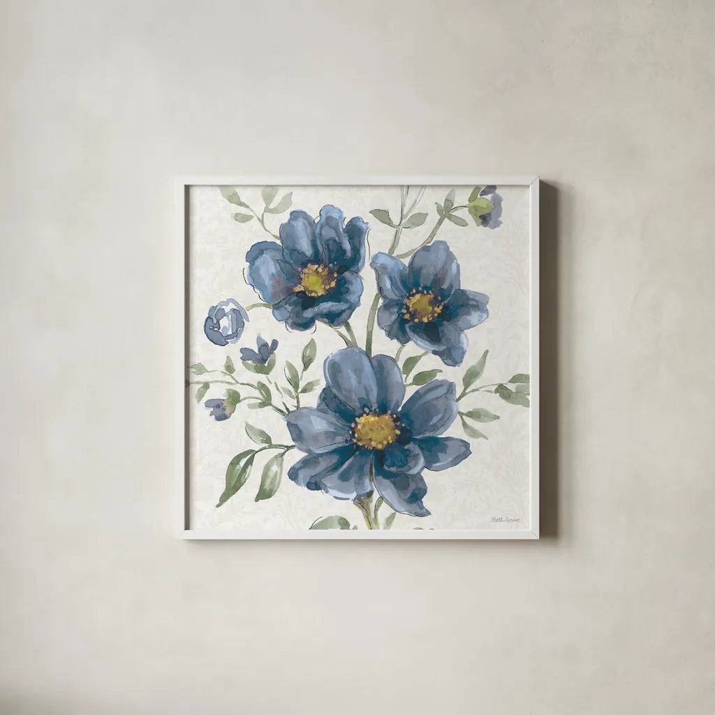 Floral Solitude VIII by Beth Grove. Shown in a crisp white glass frame for a clean and minimalist style. Available as an archival giclee rolled canvas, fine art paper, or poster print. SKU 67784a.