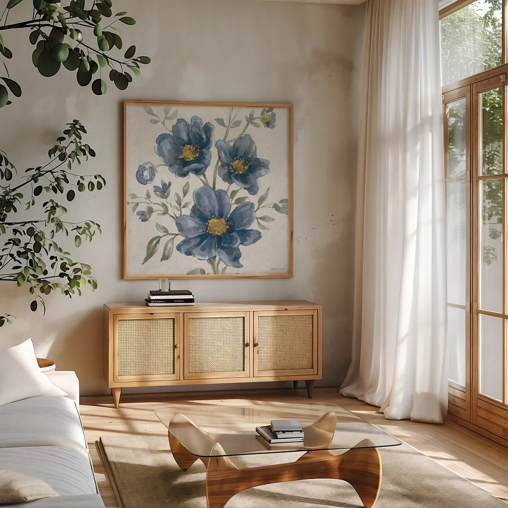 Floral Solitude VIII by Beth Grove. Shown in a natural wood frame in a cozy modern living room. Available as an archival giclee rolled canvas, fine art paper, or poster print. SKU 67784a.