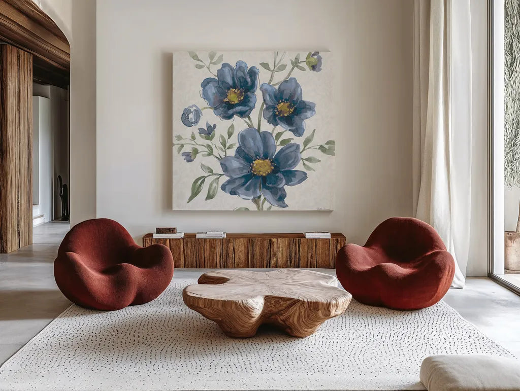 Floral Solitude VIII by Beth Grove. Shown as extra-large giant wall art in a modern living room. Available as an archival giclee rolled canvas, fine art paper, or poster print. SKU 67784a.