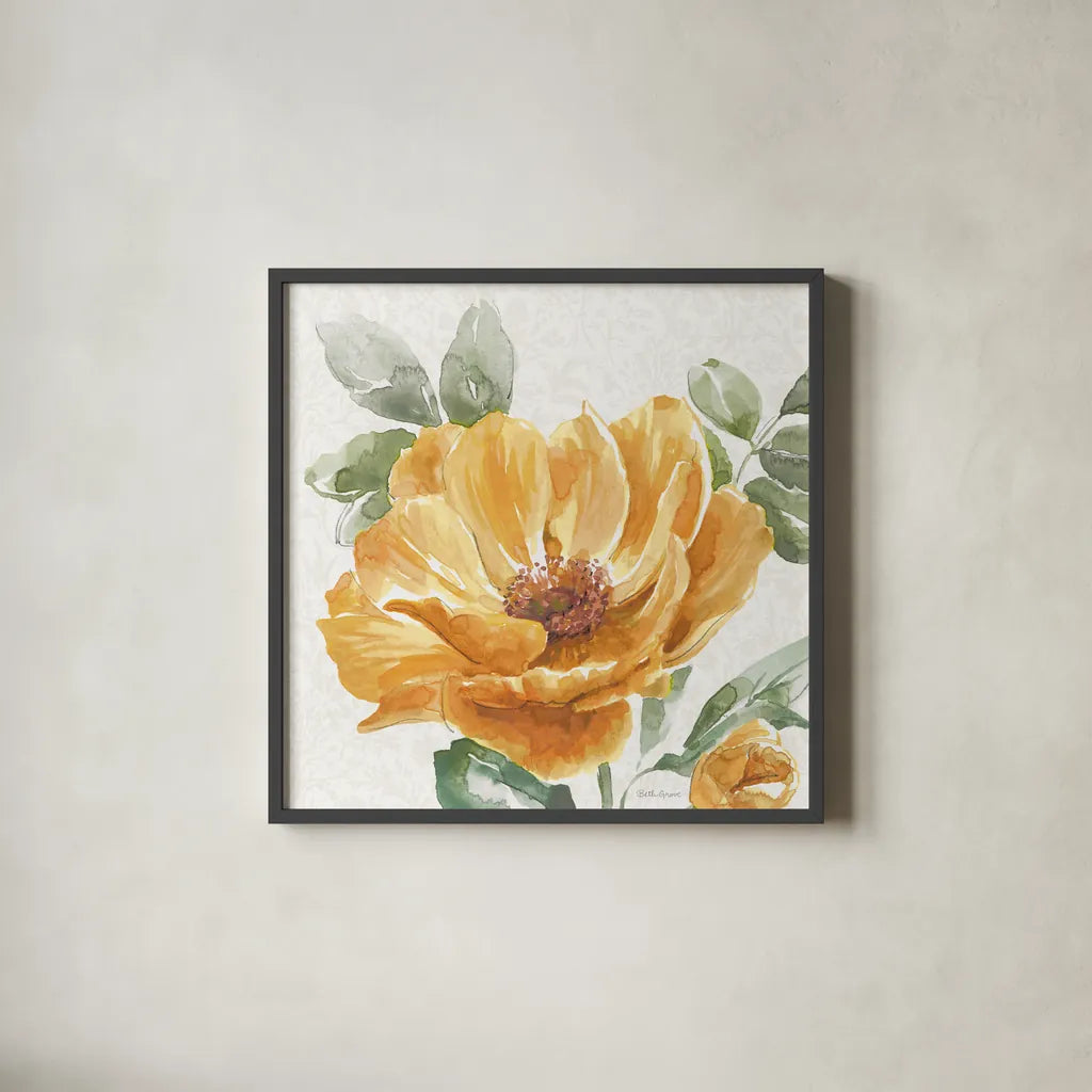 Floral Solitude XI by Beth Grove. Shown in a sleek black glass frame for a contemporary gallery look. Available as an archival giclee rolled canvas, fine art paper, or poster print. SKU 67787a.