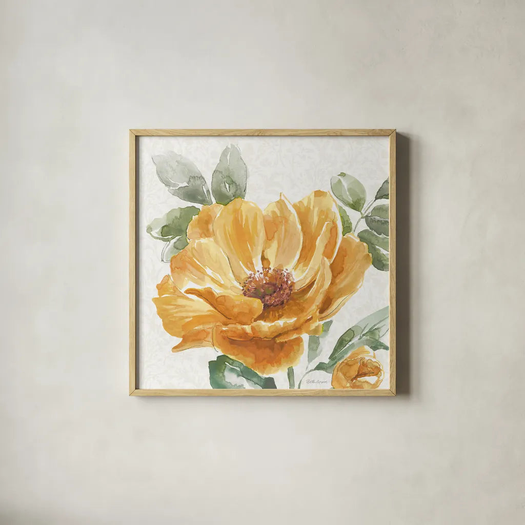Floral Solitude XI by Beth Grove. Shown in a natural wood glass frame for a timeless modern aesthetic. Available as an archival giclee rolled canvas, fine art paper, or poster print. SKU 67787a.