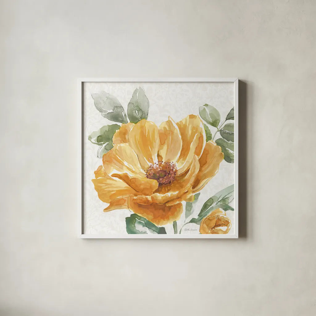 Floral Solitude XI by Beth Grove. Shown in a crisp white glass frame for a clean and minimalist style. Available as an archival giclee rolled canvas, fine art paper, or poster print. SKU 67787a.