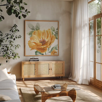 Floral Solitude XI by Beth Grove. Shown in a natural wood frame in a cozy modern living room. Available as an archival giclee rolled canvas, fine art paper, or poster print. SKU 67787a.