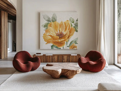 Floral Solitude XI by Beth Grove. Shown as extra-large giant wall art in a modern living room. Available as an archival giclee rolled canvas, fine art paper, or poster print. SKU 67787a.