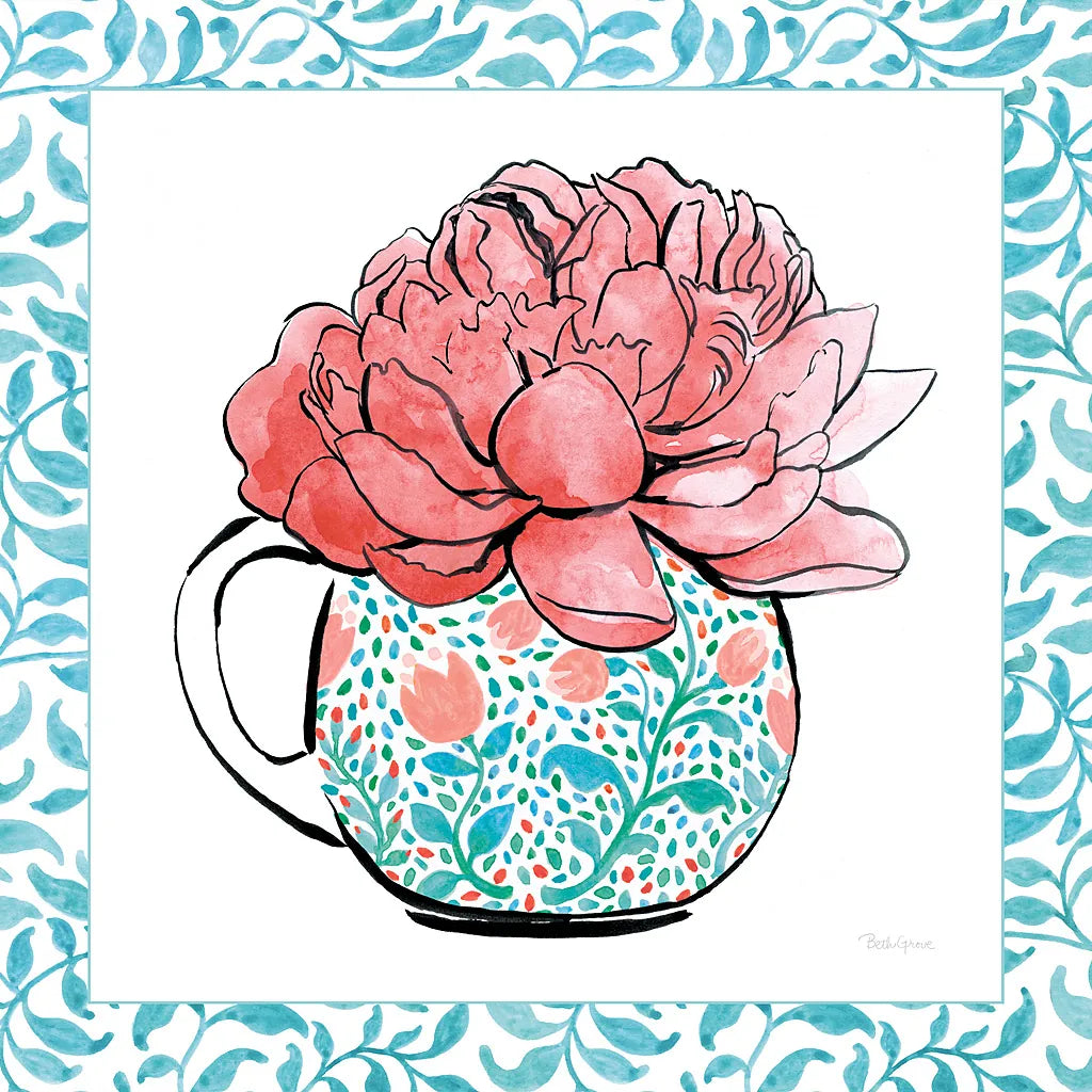 Floral Teacup I Vine Border by Beth Grove. SKU 33844a. Archival Giclee Fine art print for wall decor.