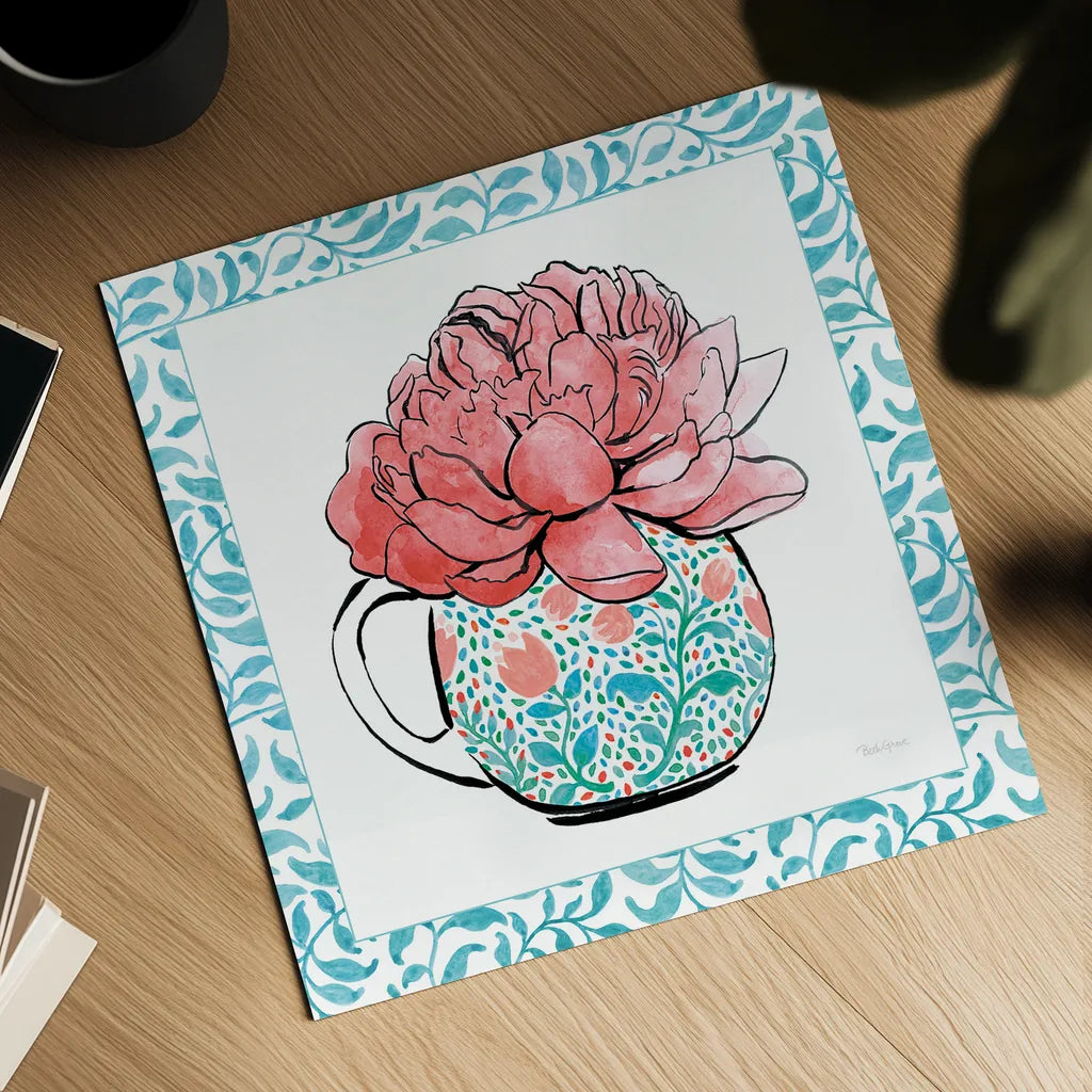 Floral Teacup I Vine Border by Beth Grove. Shown as a detailed flat fine art print, highlighting archival giclee quality. Available as an archival giclee rolled canvas, fine art paper, or poster print. SKU 33844a.