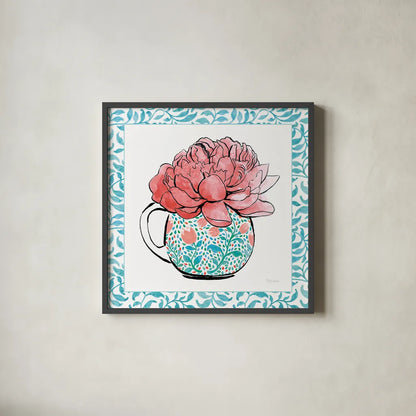 Floral Teacup I Vine Border by Beth Grove. Shown in a sleek black glass frame for a contemporary gallery look. Available as an archival giclee rolled canvas, fine art paper, or poster print. SKU 33844a.