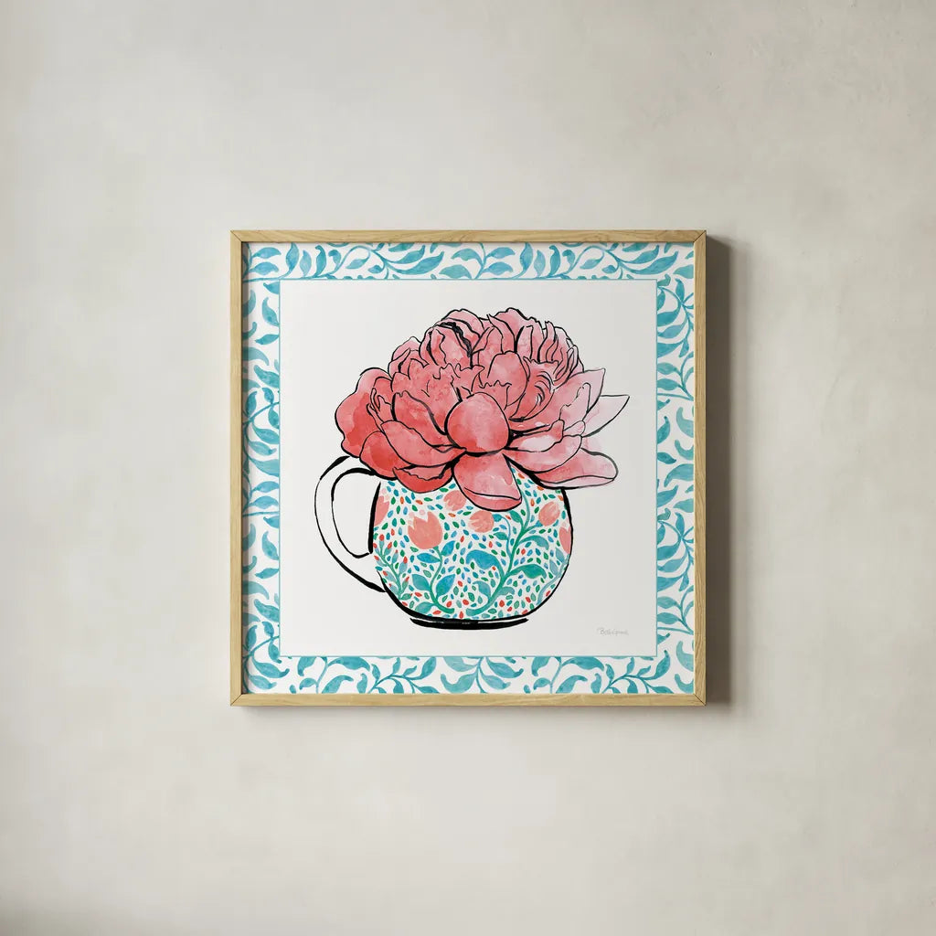 Floral Teacup I Vine Border by Beth Grove. Shown in a natural wood glass frame for a timeless modern aesthetic. Available as an archival giclee rolled canvas, fine art paper, or poster print. SKU 33844a.