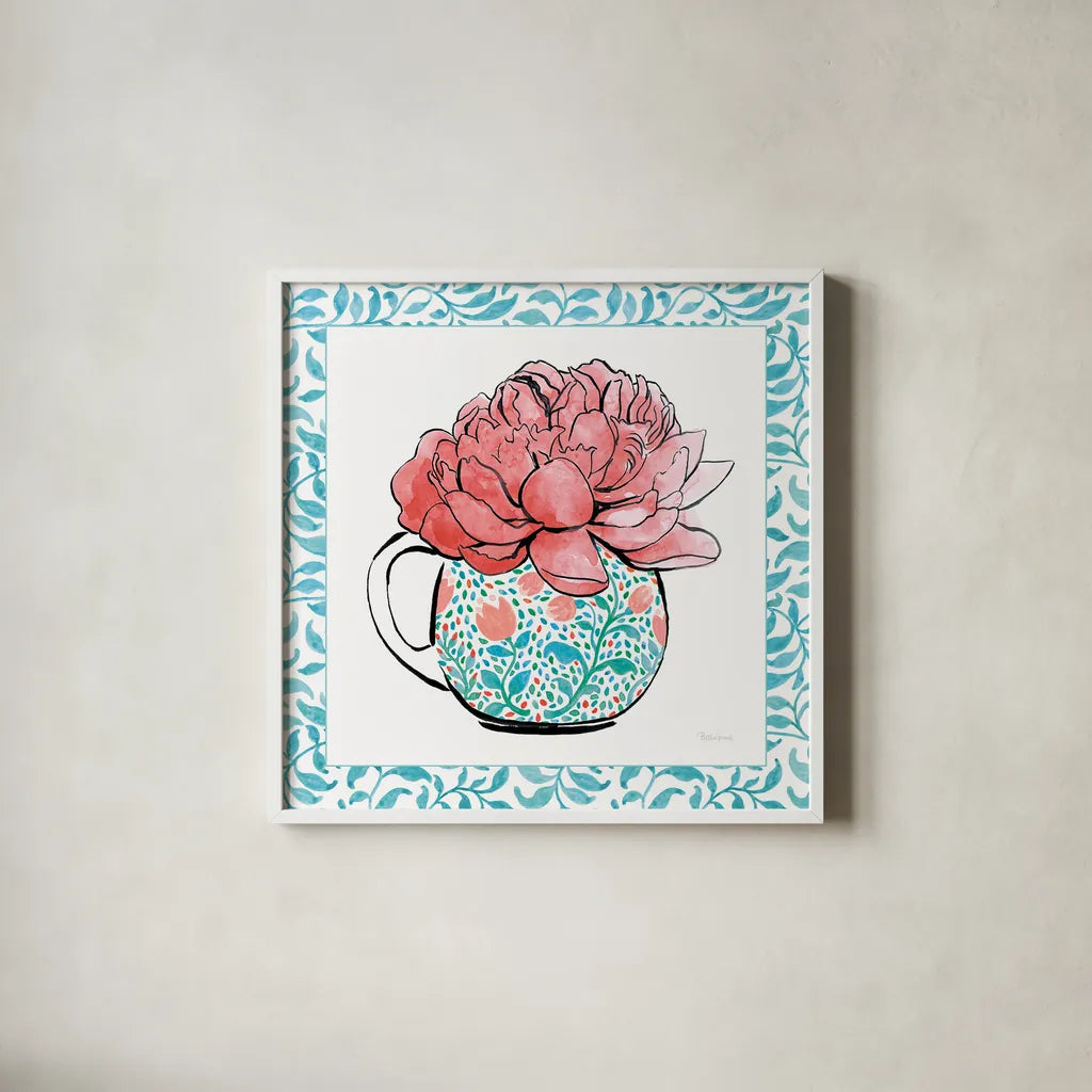 Floral Teacup I Vine Border by Beth Grove. Shown in a crisp white glass frame for a clean and minimalist style. Available as an archival giclee rolled canvas, fine art paper, or poster print. SKU 33844a.