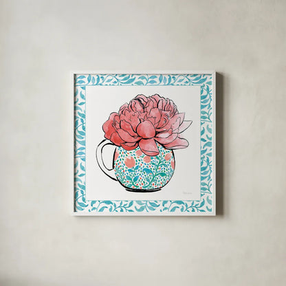 Floral Teacup I Vine Border by Beth Grove. Shown in a crisp white glass frame for a clean and minimalist style. Available as an archival giclee rolled canvas, fine art paper, or poster print. SKU 33844a.