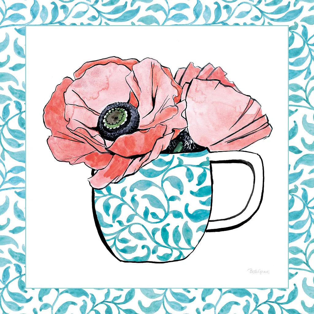 Floral Teacup II Vine Border by Beth Grove. SKU 33845a. Archival Giclee Fine art print for wall decor.