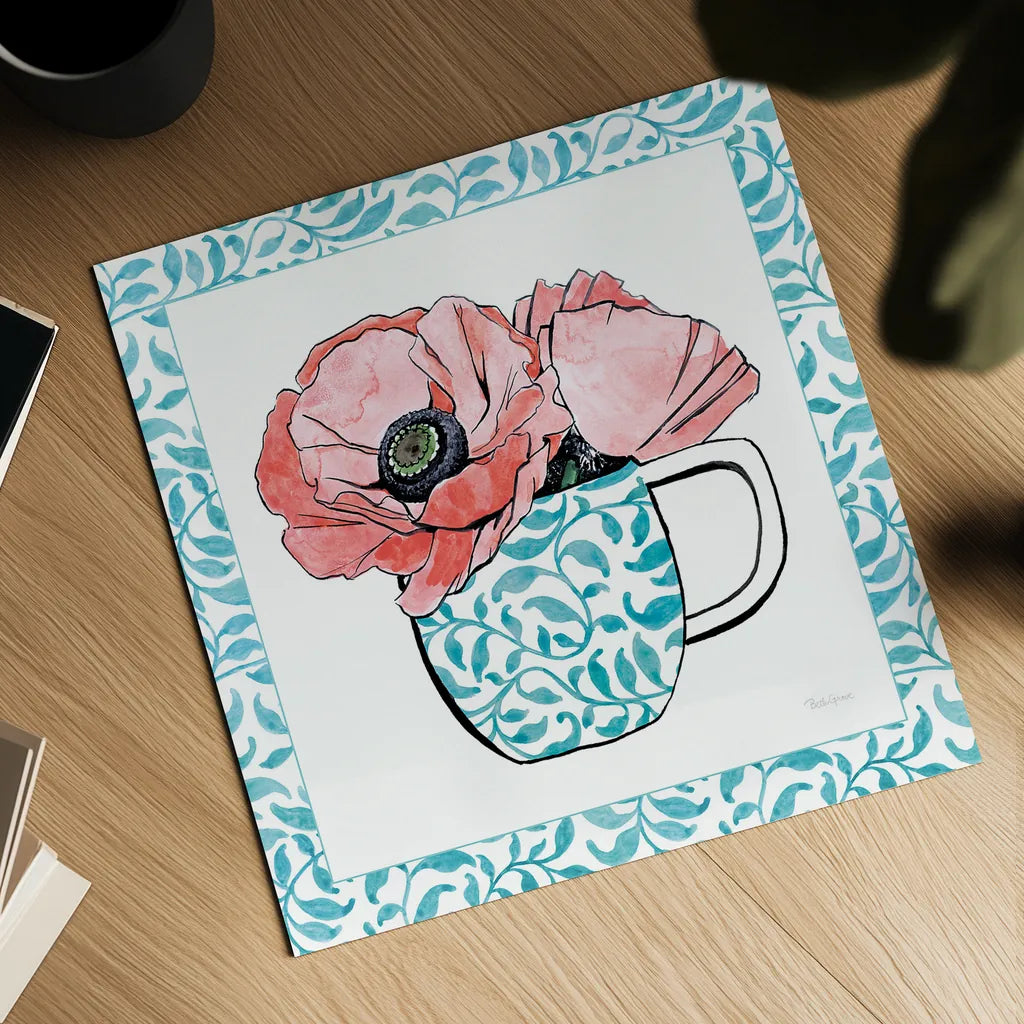 Floral Teacup II Vine Border by Beth Grove. Shown as a detailed flat fine art print, highlighting archival giclee quality. Available as an archival giclee rolled canvas, fine art paper, or poster print. SKU 33845a.