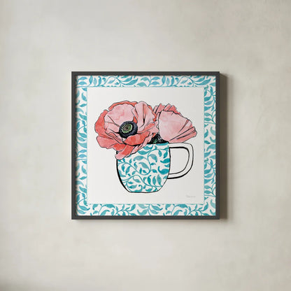 Floral Teacup II Vine Border by Beth Grove. Shown in a sleek black glass frame for a contemporary gallery look. Available as an archival giclee rolled canvas, fine art paper, or poster print. SKU 33845a.