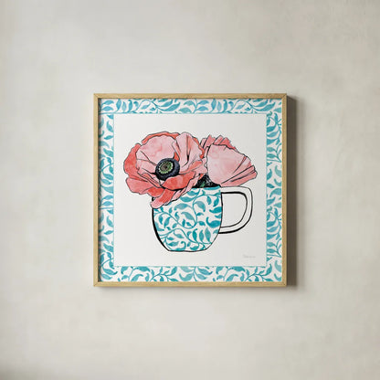 Floral Teacup II Vine Border by Beth Grove. Shown in a natural wood glass frame for a timeless modern aesthetic. Available as an archival giclee rolled canvas, fine art paper, or poster print. SKU 33845a.