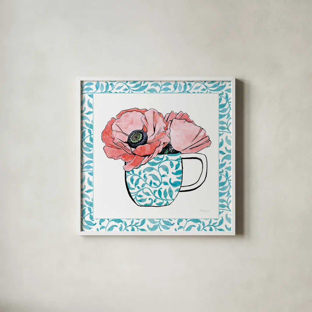 Floral Teacup II Vine Border by Beth Grove. Shown in a crisp white glass frame for a clean and minimalist style. Available as an archival giclee rolled canvas, fine art paper, or poster print. SKU 33845a.