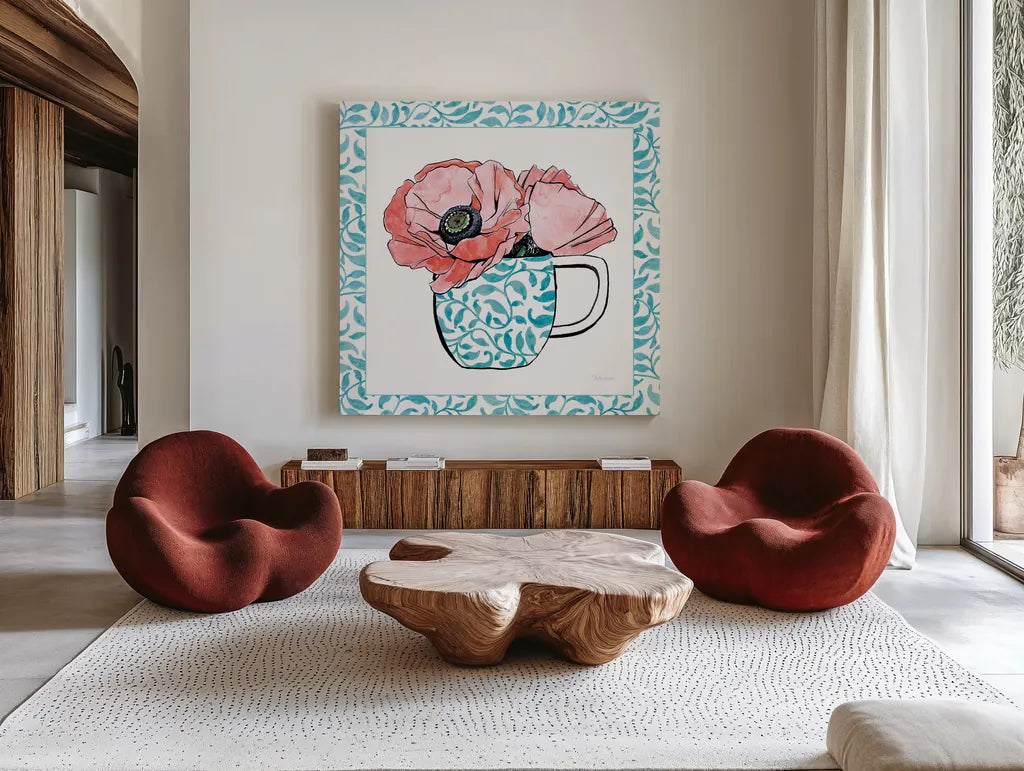 Floral Teacup II Vine Border by Beth Grove. Shown as extra-large giant wall art in a modern living room. Available as an archival giclee rolled canvas, fine art paper, or poster print. SKU 33845a.