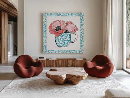 Floral Teacup II Vine Border by Beth Grove. Shown as extra-large giant wall art in a modern living room. Available as an archival giclee rolled canvas, fine art paper, or poster print. SKU 33845a.