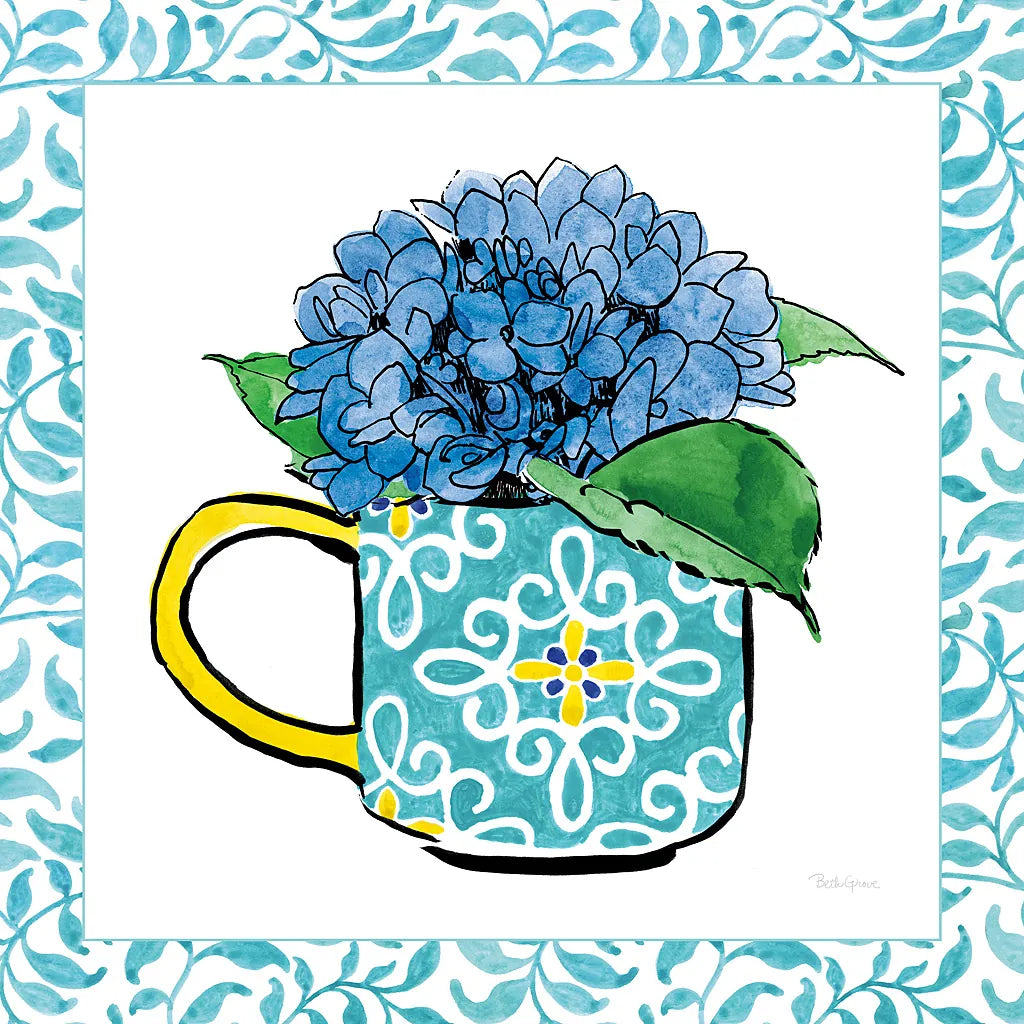 Floral Teacup III Vine Border by Beth Grove. SKU 33846a. Archival Giclee Fine art print for wall decor.