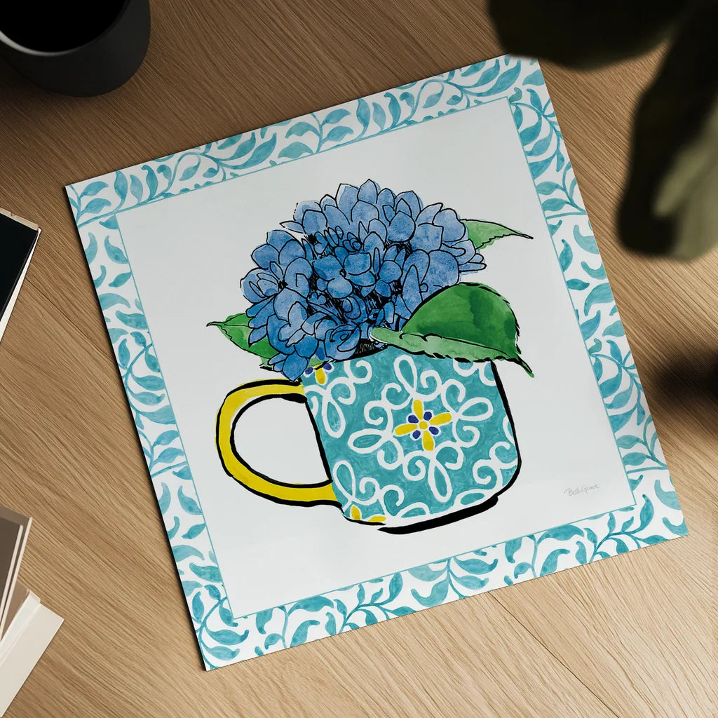 Floral Teacup III Vine Border by Beth Grove. Shown as a detailed flat fine art print, highlighting archival giclee quality. Available as an archival giclee rolled canvas, fine art paper, or poster print. SKU 33846a.