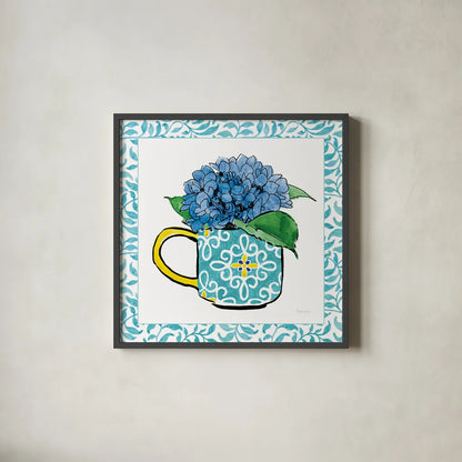 Floral Teacup III Vine Border by Beth Grove. Shown in a sleek black glass frame for a contemporary gallery look. Available as an archival giclee rolled canvas, fine art paper, or poster print. SKU 33846a.