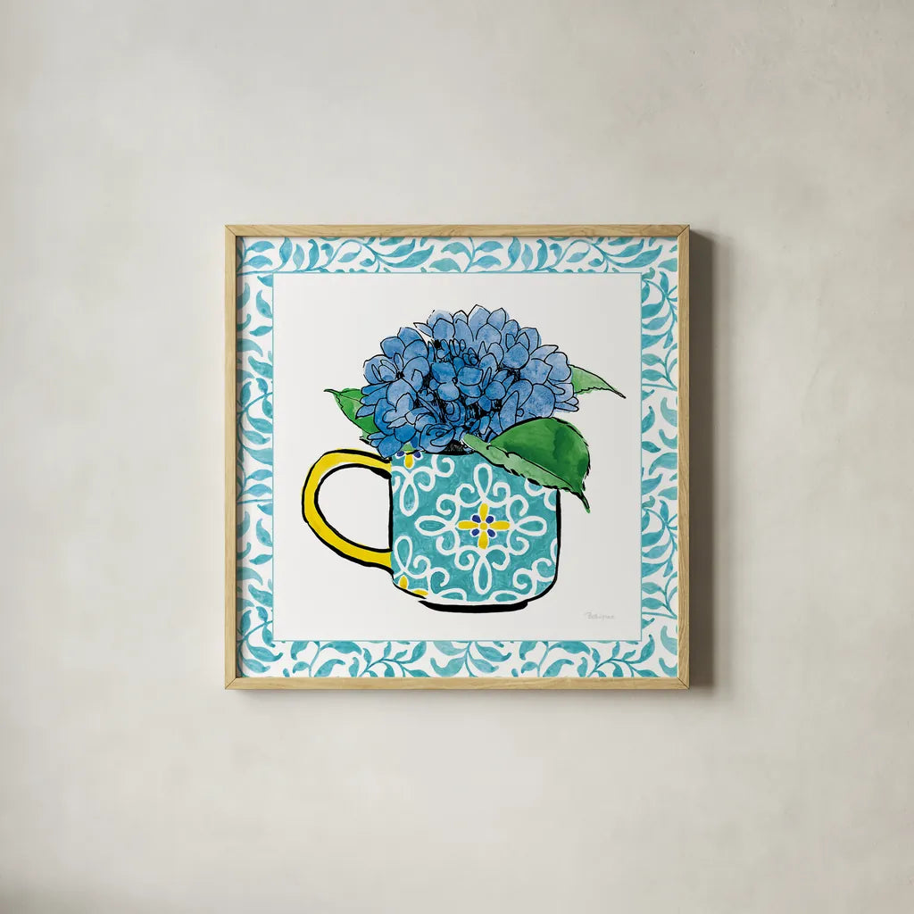 Floral Teacup III Vine Border by Beth Grove. Shown in a natural wood glass frame for a timeless modern aesthetic. Available as an archival giclee rolled canvas, fine art paper, or poster print. SKU 33846a.