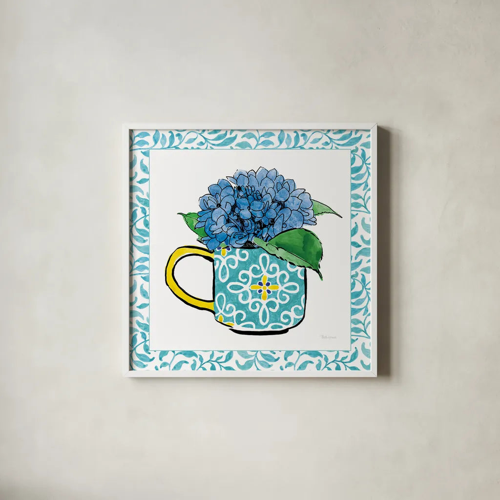 Floral Teacup III Vine Border by Beth Grove. Shown in a crisp white glass frame for a clean and minimalist style. Available as an archival giclee rolled canvas, fine art paper, or poster print. SKU 33846a.