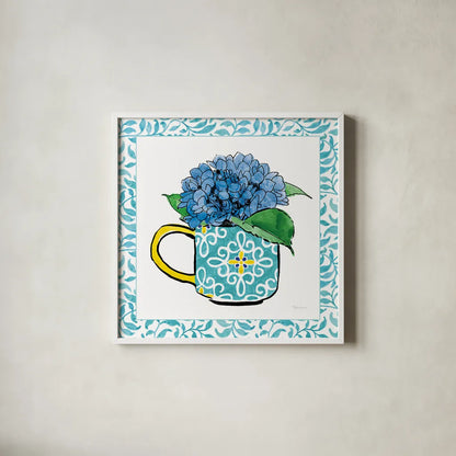 Floral Teacup III Vine Border by Beth Grove. Shown in a crisp white glass frame for a clean and minimalist style. Available as an archival giclee rolled canvas, fine art paper, or poster print. SKU 33846a.