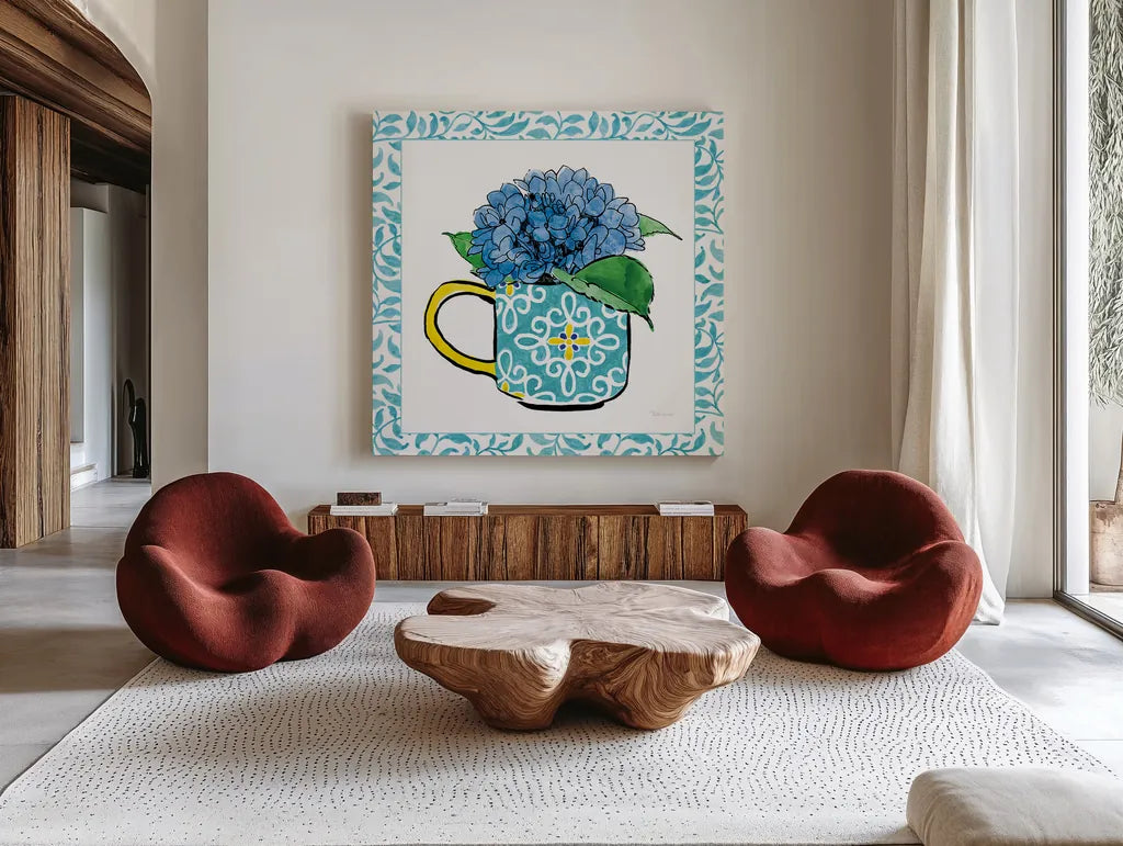 Floral Teacup III Vine Border by Beth Grove. Shown as extra-large giant wall art in a modern living room. Available as an archival giclee rolled canvas, fine art paper, or poster print. SKU 33846a.