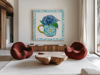 Floral Teacup III Vine Border by Beth Grove. Shown as extra-large giant wall art in a modern living room. Available as an archival giclee rolled canvas, fine art paper, or poster print. SKU 33846a.