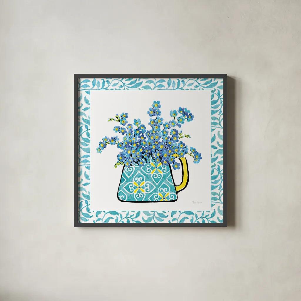 Floral Teacup IV Vine Border by Beth Grove. Shown in a sleek black glass frame for a contemporary gallery look. Available as an archival giclee rolled canvas, fine art paper, or poster print. SKU 33847a.